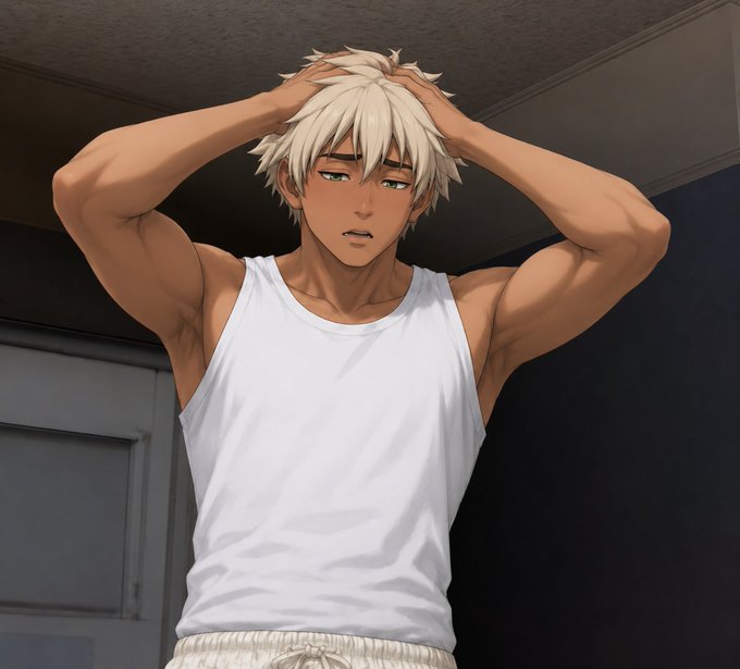 Anime-style illustration of a muscular young man with white hair and green eyes wearing a white tank top, holding his hands on his head.