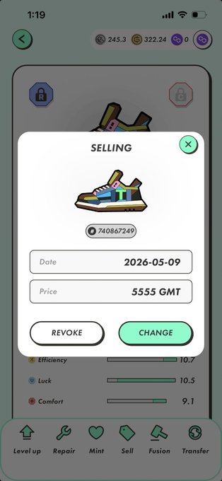 A mobile app screenshot showing an NFT or item marketplace selling screen for a colorful sneaker NFT, priced at 5555 GMT tokens, with stats for Efficiency (10.7), Luck (10.5), and Comfort (9.1), and navigation tabs for Level up, Repair, Mint, Sell, Fusion, and Transfer.