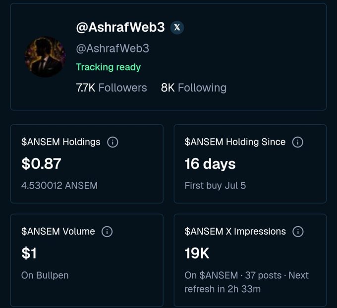 A profile page for @AshrafWeb3 on X shows 'Tracking ready' status with $0.87 in $ANSEM holdings, 16 days holding, 19K $ANSEM X impressions, and 7.7K followers.