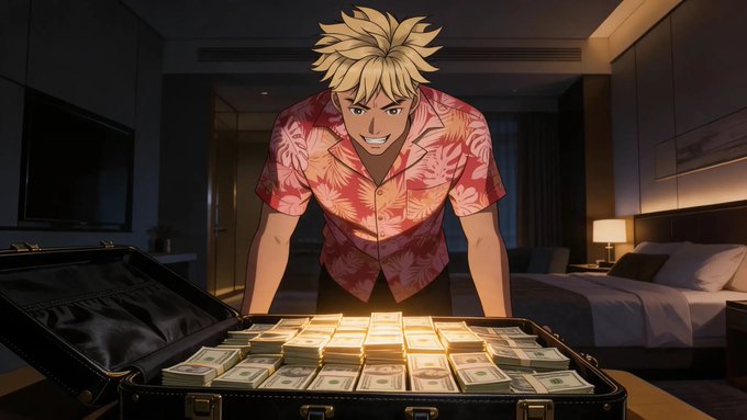 An anime-style illustration features a blonde-haired man in a red Hawaiian shirt leaning over an open briefcase filled with stacks of cash in a hotel room.