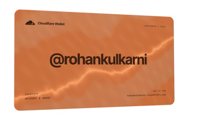 An orange Cloudflare Wallet identity card displaying '@rohankulkarni' as the account and agent, dated September 2026, with the handle rohankulkarni.cloudflare.pay.