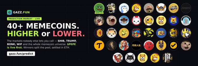 A promotional banner for "GAZZ.FUN PREDICTION MARKET - LIVE" advertising "40+ MEMECOINS. HIGHER or LOWER" with the tagline "$PEPE is live first" and a grid of various memecoin icons.