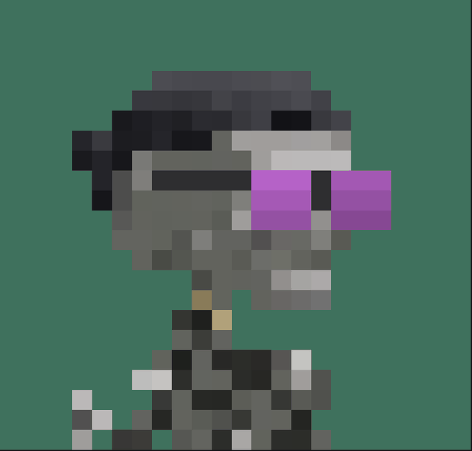 A pixel art image of a dark gray character with a black hat and purple glasses against a green background.