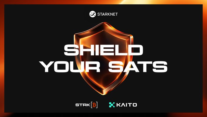 A black promotional graphic with 'STARKNET' at the top, an orange shield in the center, and the text 'SHIELD YOUR SATS' along with 'STARK[B]' and 'KAITO' logos.