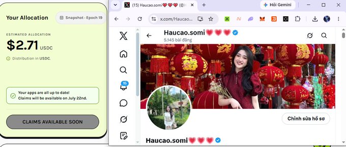 A Twitter/X profile page for 'Haucao.somi' with 5,545 followers, showing an estimated allocation of $2.71 USDC from Snapshot - Epoch 19, with claims available on July 22nd.