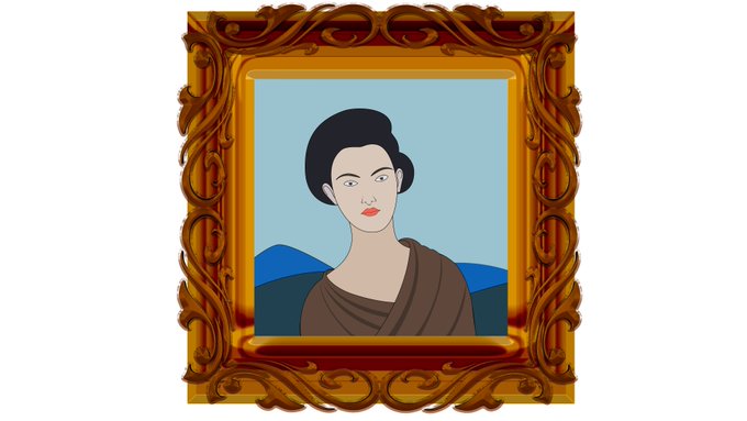 A cartoon-style portrait of a woman with dark hair wearing a brown sari, displayed inside an ornate gold frame.