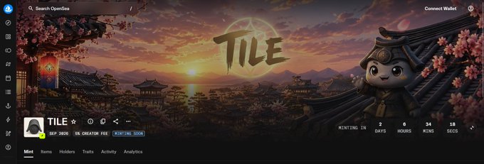 A screenshot of the OpenSea NFT marketplace displaying a 'TILE' collection page with a Japanese samurai-themed banner featuring a cute mascot character, cherry blossoms, and a sunset, with a mint countdown timer showing 2 days, 6 hours, 34 minutes remaining.