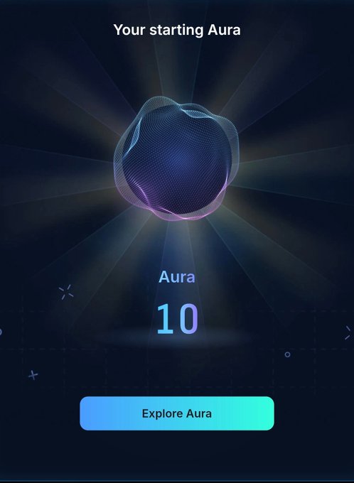A mobile app interface showing a 3D rendered orb labeled 'Your starting Aura' with the text 'Aura 10' and a button to 'Explore Aura'.