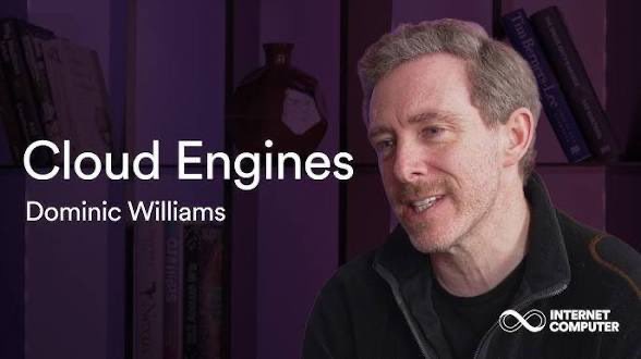 A video thumbnail showing a man with text overlay 'Cloud Engines' and 'Dominic Williams', with an Internet Computer logo in the bottom right corner.