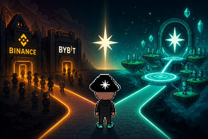 A pixel-art style illustration shows a character standing at a crossroads between 'BINANCE' and 'BYBIT' cryptocurrency exchange buildings, with a glowing path leading to a magical portal.