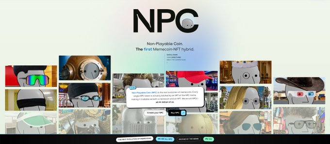 Promotional webpage for "NPC" - Non-Playable Coin, described as "The first Memecoin-NFT hybrid," featuring various cartoon character images and a 'Create your NPC' button.