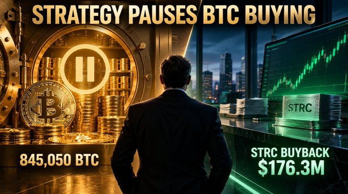 A financial news graphic stating 'STRATEGY PAUSES BTC BUYING' showing a man viewing a vault filled with Bitcoin, with text '845,050 BTC' and 'STRC BUYBACK $176.3M' alongside a rising stock chart.