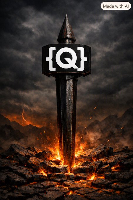 A dramatic AI-generated image showing a large sword plunged into rocky, fiery ground beneath stormy clouds, with the Ampleforth governance token logo '{Q}' on the blade hilt and a 'Made with AI' label in the corner.