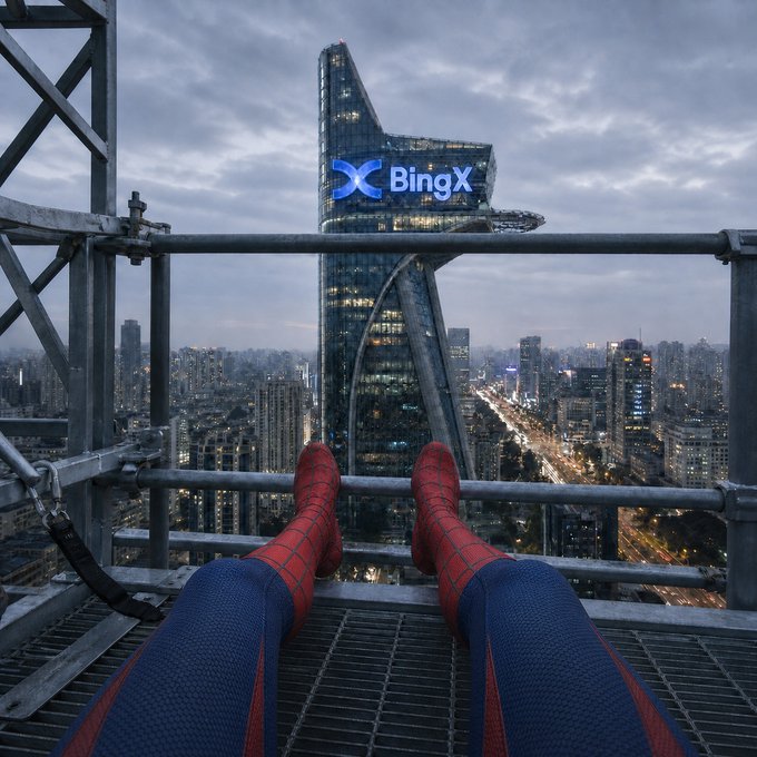 Spider-Man dangles high above a sprawling cityscape, his red-and-blue boots dangling over a metal railing with the illuminated "BingX" logo glowing on a skyscraper ahead—capturing the "intern spider-sense" moment of anticipation before the next big move.