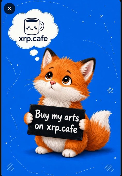 A digital illustration of an orange fox character holding a chalkboard sign that says 'Buy my arts on xrp.cafe', with a thought bubble showing a smiling coffee cup and 'xrp.cafe' logo.