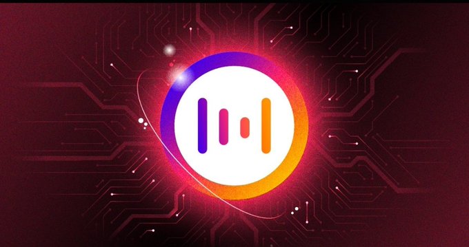 A digital graphic featuring a circular logo with vertical bars in a purple-to-orange gradient, set against a red circuit board background.