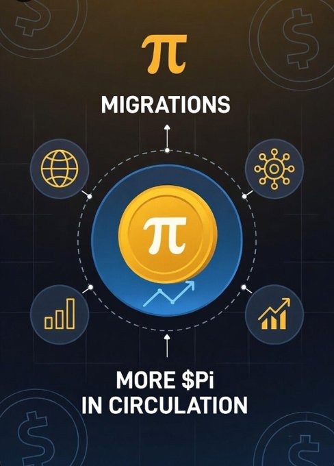 The image shows a graphic representation of migration within the cryptocurrency world. There are circles surrounding the number Pi symbolizing different types of migrations such as mass migration or migration within Bitcoin mining pools. Each circle features various objects like a globe, a dollar sign, a stock chart, and other symbols related to cryptocurrency development. The post suggests that more money in circulation can lead to increased demand for Bitcoin and potentially cause its value to crash. This is further supported by the fact that Bitcoin Network isn't yet ready to cover these billions of Bitcoin with real-time on-chain demand, which could result in significant price fluctuations within the cryptocurrency market.