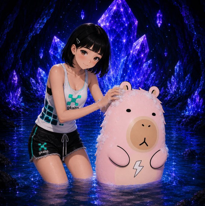 AI-generated artwork featuring an anime-style girl in Kaito-branded athletic wear washing a pink bear-like character in a glowing blue crystal cave.