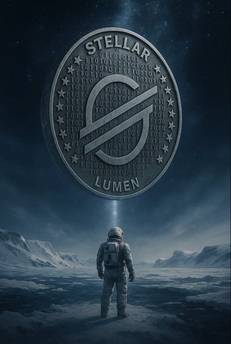 A digital artwork showing a large silver 'STELLAR LUMEN' coin with binary code floating in a starry sky above an astronaut standing on an icy landscape.