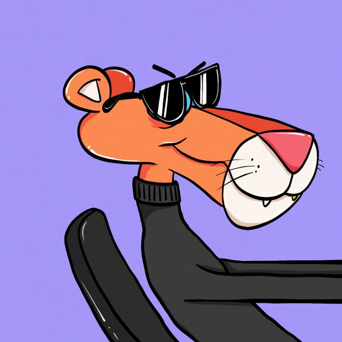 A cartoon illustration of an orange weasel-like animal wearing black sunglasses and a black turtleneck against a solid purple background.