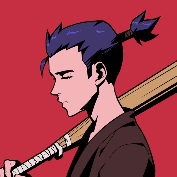 In this image, there's a young man holding a sword with a wooden handle. He has his head down and his eyes are closed, giving off a contemplative or sad demeanor. The background appears to be red, which seems to be the dominant color in the scene. There is also an element of Japanese art style present, evident by the use of a brush for drawing and the overall composition of the image. However, there's no direct connection between the sword-wielding man and the post. As viewers focus on this one detail, we're left to wonder how it might relate to the broader context or message behind the scene.