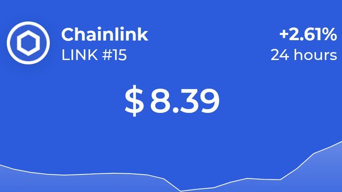 A cryptocurrency display shows Chainlink (LINK) priced at $8.39, up +2.61% over 24 hours, with a line graph below.