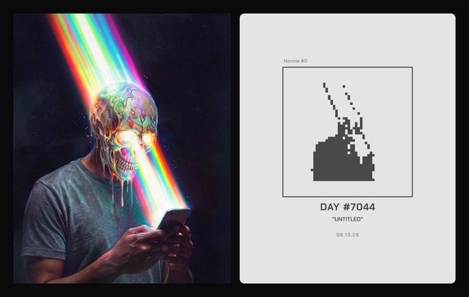 The image shows a side-by-side comparison: on the left, a colorful Beeple-style artwork of a person with a melting, iridescent skull emitting a rainbow beam from their phone, and on the right, the "Normie #0" minimalist pixel-art version labeled "DAY #7044, UNTITLED, 08.13.26," illustrating the automated transformation of Beeple's daily artwork into a simplified "Normie" style as part of the collaboration described in the post.