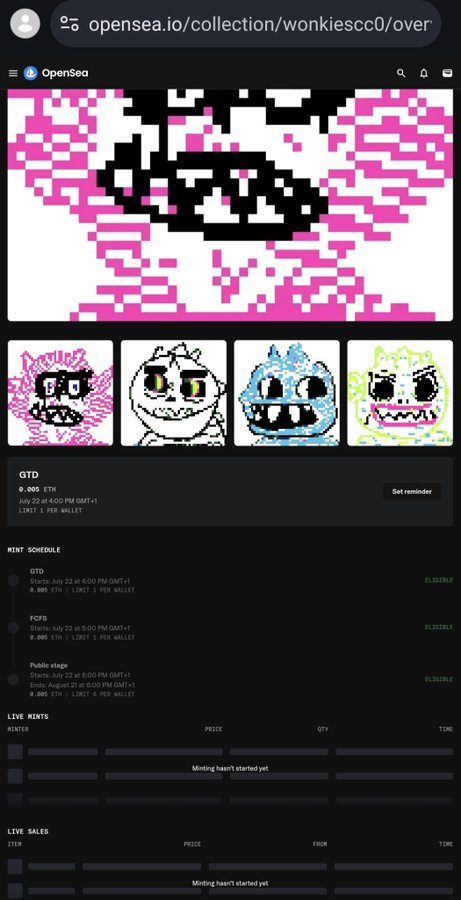 A mobile screenshot of the wonkiescc0/over NFT collection on OpenSea, featuring pixelated pink and white character artwork with mint schedules for GTD, FCFS, and Public stages.