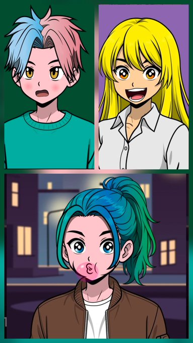 Three-panel anime-style illustration featuring a blue-and-pink-haired character looking shocked, a blonde character laughing joyfully, and a teal-haired character making a kissing face.