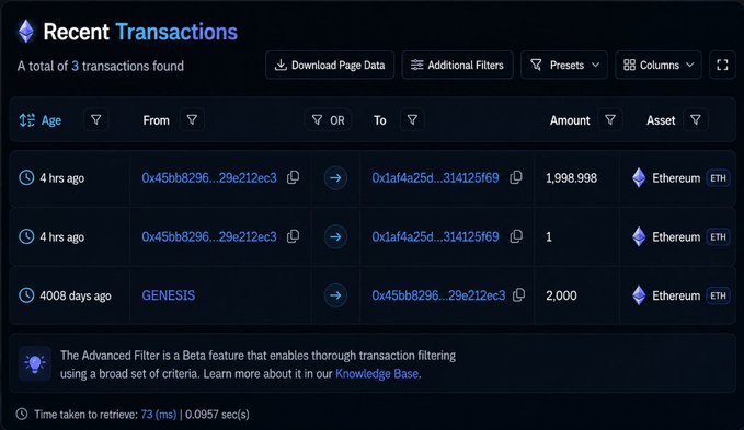 An Ethereum blockchain explorer showing recent transactions, including transfers of 1,998.998 ETH, 1 ETH, and 2,000 ETH from a GENESIS address.