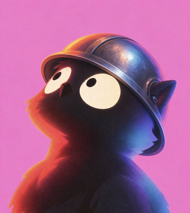 Digital illustration of a cute black furry creature wearing a metallic space helmet against a vibrant pink background.