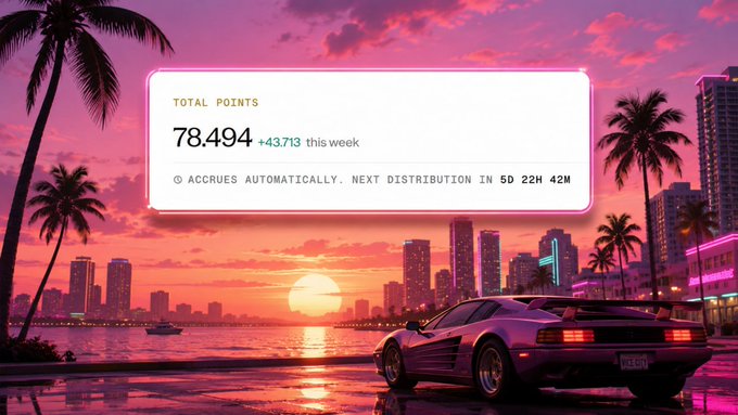 A vibrant, synthwave-style image of a sports car parked by a waterfront city skyline at sunset, overlaid with a 'TOTAL POINTS' interface showing '78,494 +43,713 this week' and a countdown to the next distribution.
