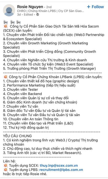 The image features a social media post from Rosie Nguyen, an influencer or Twitter personality. The post includes some information about her, including that she is currently working at SCEX (a web3 bank), has experience with Cổ phần chứng khoán LP bank nữa Sắp từ web3 cũng nhiều lên không nhỉ. She is also a participant in the recruitment process for some positions at the bank.