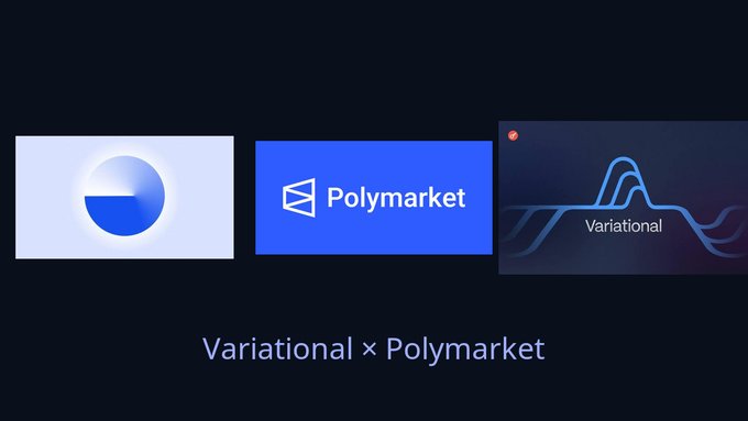The image features three different logos for Polymarket, each with its own color scheme. The first logo has a blue background and white text that reads "Polymarket", while the second logo also has a blue background but uses white text instead of black. The third logo is in shades of purple and displays the word "Variational" on it. These logos are displayed against a dark background, making them stand out prominently.