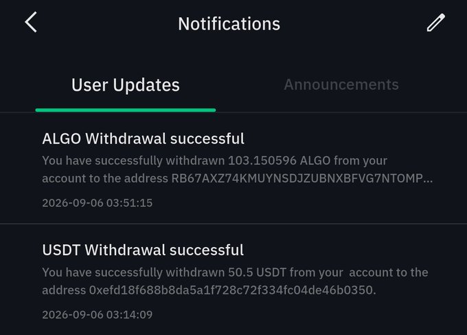 A mobile app notifications screen showing 'User Updates' tab with two withdrawal confirmations: 'ALGO Withdrawal successful' for 103.150596 ALGO and 'USDT Withdrawal successful' for 50.5 USDT, both dated 2026-09-06.