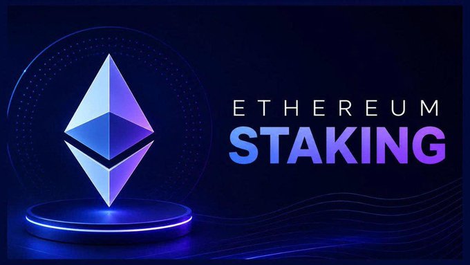 A stylized Ethereum logo sits on a glowing platform beside the text “ETHEREUM STAKING.” The image visually represents the post’s discussion of 34% of ETH being staked and the newly proposed EIP-8361 changes to validator rewards.