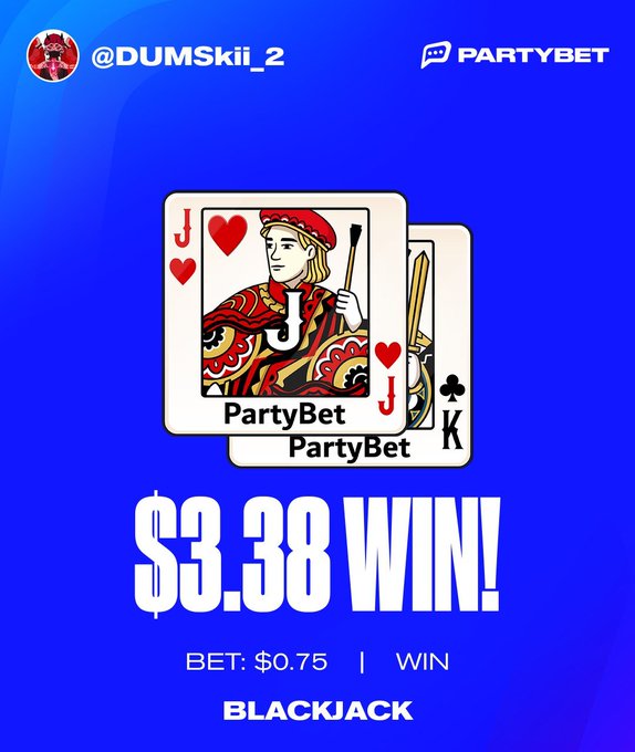 The image is a PartyBet promotional graphic showing a blackjack win, featuring playing cards (Jack of Hearts and King of Clubs) with "PartyBet" branding, and displaying the bet details: $0.75 bet resulting in a $3.38 win on blackjack. It relates to the post by @DUMSkii_2 about an early morning win on PartyBet, promoting their link to the betting platform.