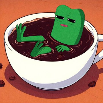 An illustration shows a green cartoon character relaxing in a large white cup filled with dark brown liquid, with coffee beans scattered on the orange surface beside it.