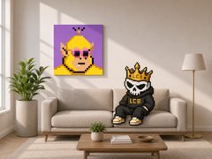 A modern living room scene features a couch with a cartoon character figurine wearing sunglasses and a crown, alongside wall art depicting a similar character with pixelated "LOS" text. The image ties to the post by showcasing a "Golden Zaibatsu Wagie" character mascot, with the artwork and figurine embodying the wagie-themed crypto token being celebrated as it potentially rises toward $5K.
