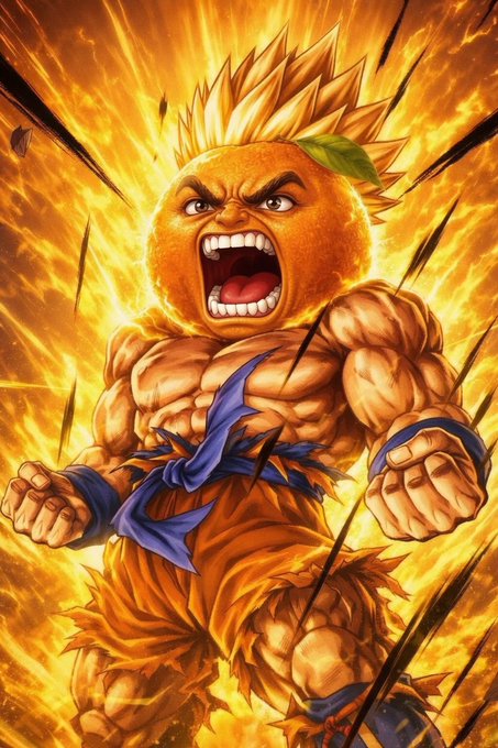 A fierce anime-style illustration of an orange with a muscular superhero body, spiky hair, and a blue belt, shouting with glowing fiery energy in the background.