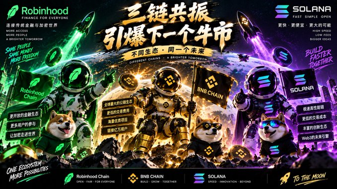A vibrant promotional banner features three astronaut figures representing Robinhood Chain, BNB Chain, and Solana, standing on a lunar landscape with their respective dog mascots, under the Chinese headline "三链共振 引爆下一个牛市" (Three-Chain Resonance, Igniting the Next Bull Market) and "不同生态·同一个未来" (Different Chains, A Brighter Tomorrow). Key text highlights include Robinhood's "Save People, Save Money, More Freedom," Solana's "Build Faster Together," and BNB Chain's focus on ecosystem expansion and global users—visually aligning with the post's call to switch to on-chain trading and embrace diamond-hand conviction for bull market gains.