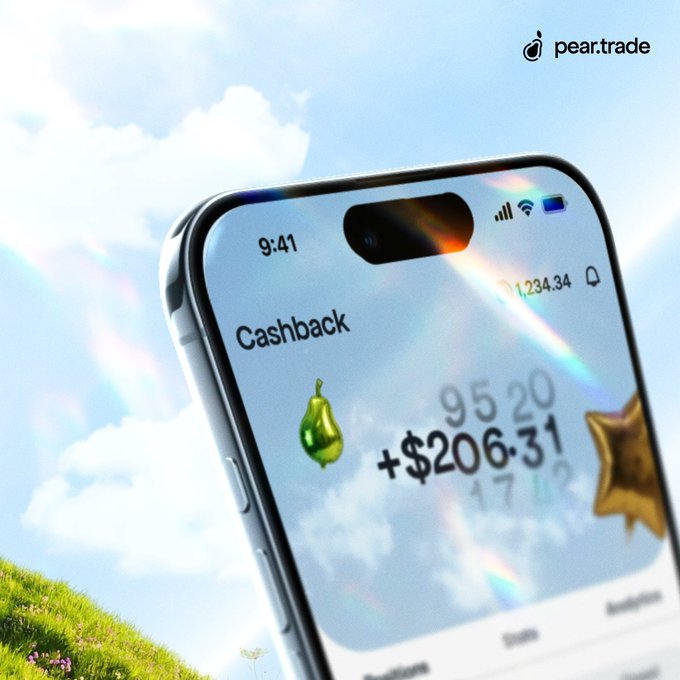 A smartphone screen displays "Cashback" of "+$206.31" on the pear.trade app, set against a bright, dreamy sky with clouds and grass, visually reinforcing the message that real, tangible USD rewards—not points—are returned to users for their trading activity.