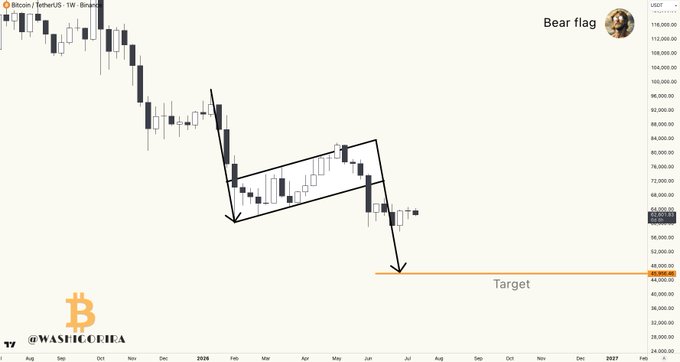 A weekly Bitcoin/USDT chart from Washirea highlights a bear flag pattern with a projected downside target near $49,000, aligning with the post's observation that the bearish setup remains intact despite not being the author's primary scenario.