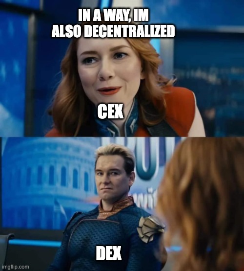 The image is a meme using a scene from "The Boys" where a woman labeled "CEX" tells Homelander "IN A WAY, IM ALSO DECENTRALIZED" while he is labeled "DEX" looking skeptical. It humorously illustrates the post's warning about centralized exchanges falsely claiming to be decentralized, suggesting investors should not be misled by their gaslighting marketing claims.