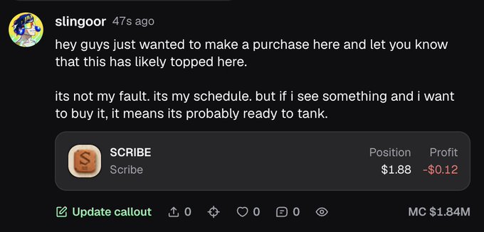 A Discord user named "slingoor" posts a callout about the stock ticker **$SCRIBE** (Scribe), showing a position of $1.88 with a -$0.12 loss, while the accompanying caption jokes "professional fudder checking in."—mocking the poster's timing as a bearish signal right before they buy.