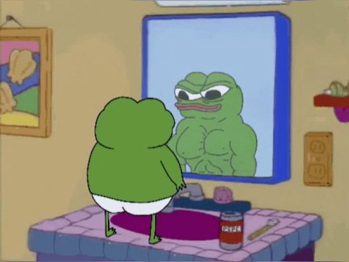 A cartoon scene showing a small green frog character (Pepe) standing on a table in his underwear, looking into a mirror and seeing a muscular, confident version of himself.