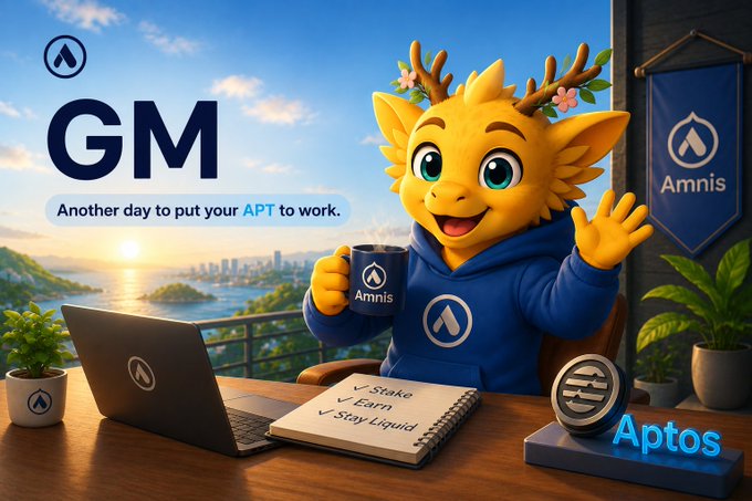 A cheerful yellow deer-like mascot wearing an Amnis hoodie holds a branded mug on a desk featuring an Aptos laptop, notebook checklist ("Stake, Earn, Stay Liquid"), and an Aptos coin. The image visually reinforces the "GM" message of putting $APT to work with Amnis, tying together the morning greeting with promotional branding for staking and earning on the Aptos blockchain.