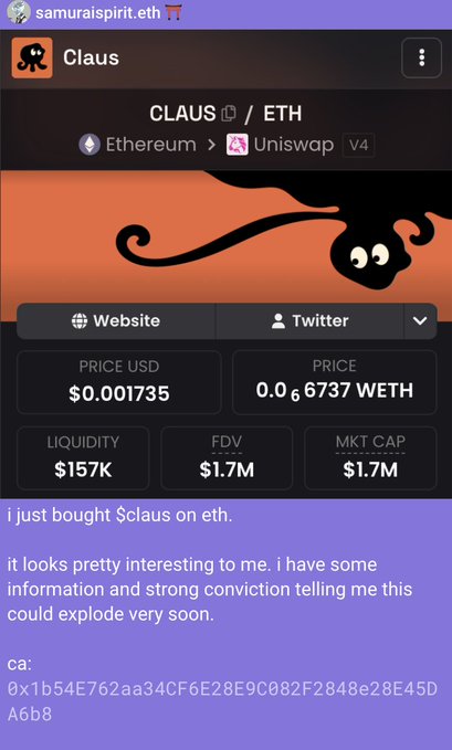 The image shows a screenshot of the $claus token on Ethereum via Uniswap V4, displaying a price of $0.001735 USD (0.0000066737 WETH), liquidity of $157K, and an FDV and market cap of $1.7M, along with its contract address. The post celebrates the user being among the first to publicly call $claus as a successful early pick, highlighting their track record of identifying runners.