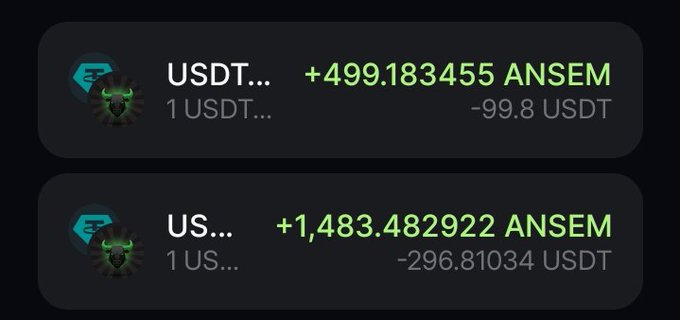 The image shows two transaction records displaying purchases of $ANSEM using USDT, showing "+499.183455 ANSEM" for -99.8 USDT and "+1,483.482922 ANSEM" for -296.81034 USDT. These transactions illustrate the post's claim of buying $ANSEM at a low $200m market cap range, with the trader accumulating significant tokens through multiple buys.