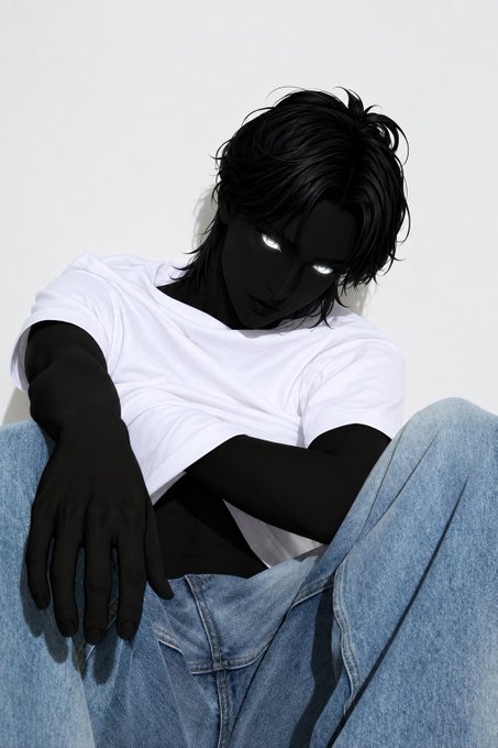 A stylized illustration of a figure with dark skin and glowing white eyes, wearing a white t-shirt and blue jeans, sitting in a relaxed pose.